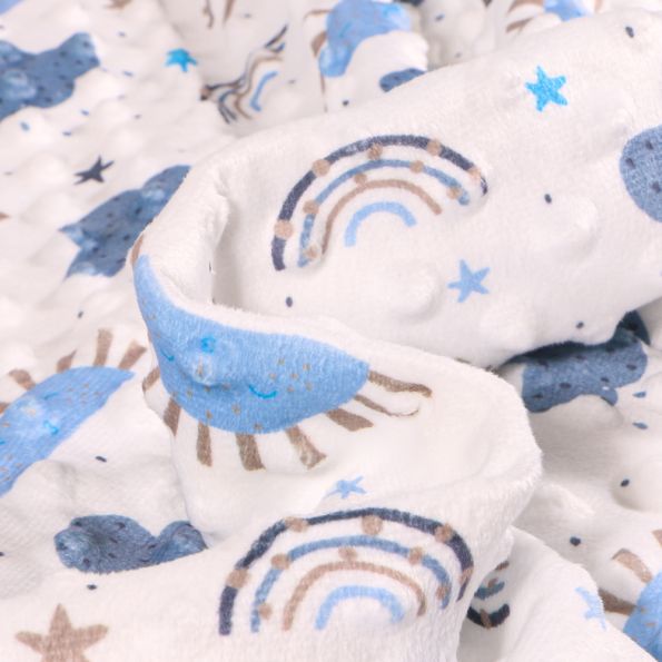 Tissu Minky Ultra doux Pois Nuage soleil bleu sur fond Blanc - Par 10 cm