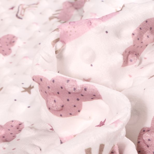 Tissu Minky Ultra doux Pois Nuage soleil rose sur fond Blanc - Par 10 cm