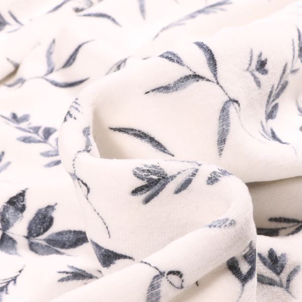 Tissu Jersey Velours tout doux Feuillages bleu sur fond Blanc cassé - Par 10 cm