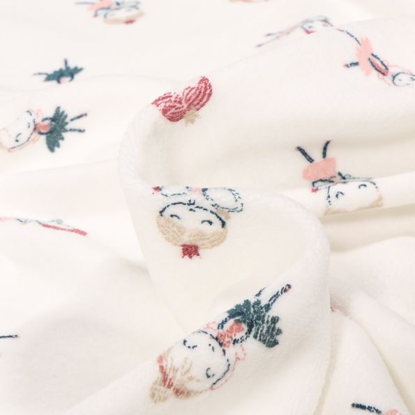 Tissu Jersey Velours tout doux Fée danseuse sur fond Blanc cassé - Par 10 cm