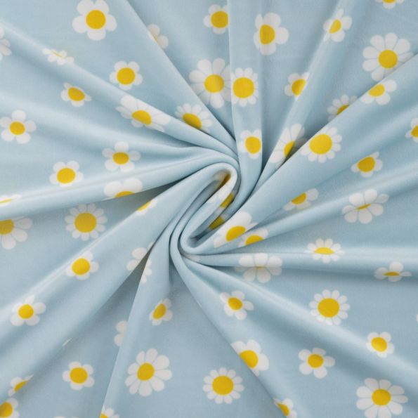 Tissu Minky Ultra doux Ras Marguerites sur fond Bleu ciel - Par 10 cm