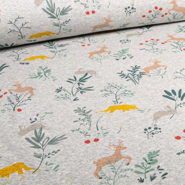 Tissu Sweat envers minky Happy forest sur fond Gris chiné - Par 10 cm