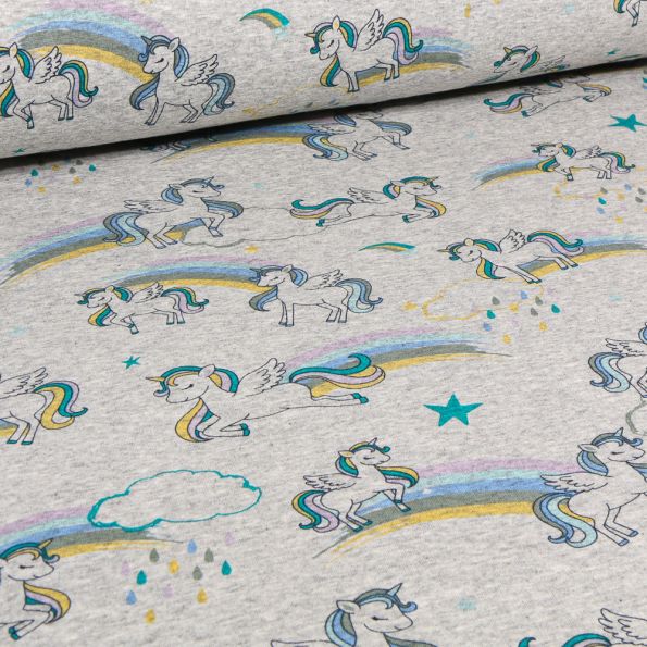 Tissu Sweat envers minky Licorne rainbow bleu sur fond Gris chiné - Par 10 cm