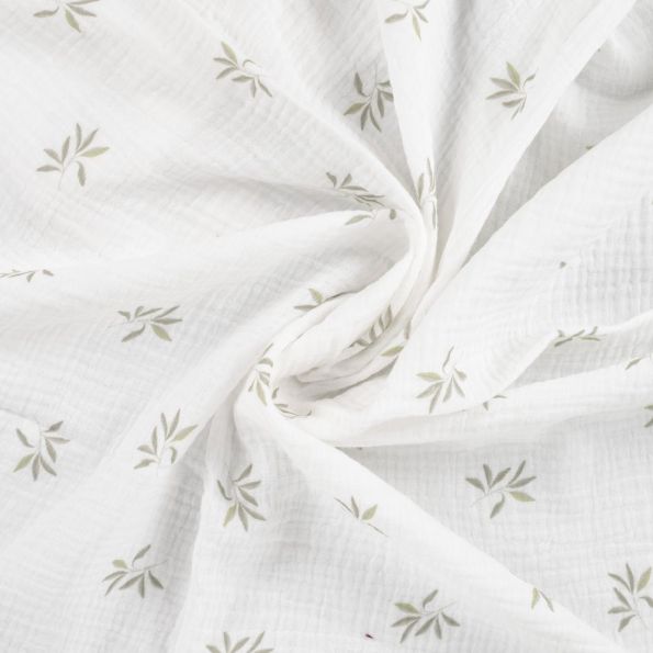 Tissu Double gaze de Coton Feuillages sur fond Blanc cassé - Par 10 cm