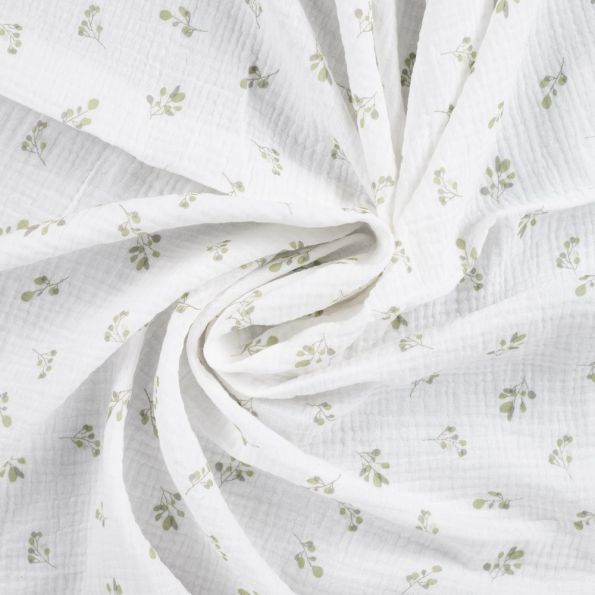 Tissu Double gaze de Coton Eucalyptus sur fond Blanc cassé - Par 10 cm