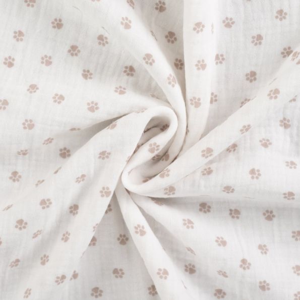 Tissu Double gaze de Coton Pattes de chien sur fond Blanc cassé - Par 10 cm