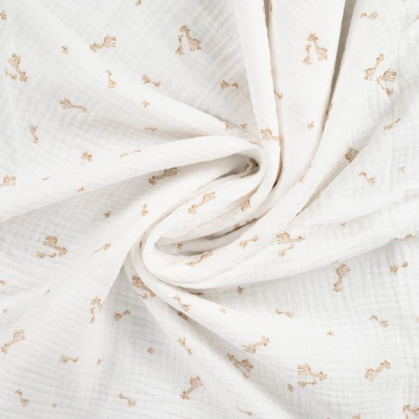 Tissu Double gaze de Coton Girafes Lilou sur fond Blanc cassé - Par 10 cm