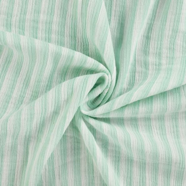 Tissu Double gaze de Coton Double face Rayures Vert d'eau sur fond Blanc - Par 10 cm
