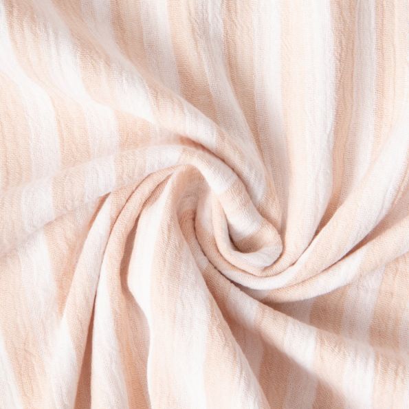 Tissu Double gaze de Coton Double face Rayures Beige sur fond Blanc - Par 10 cm