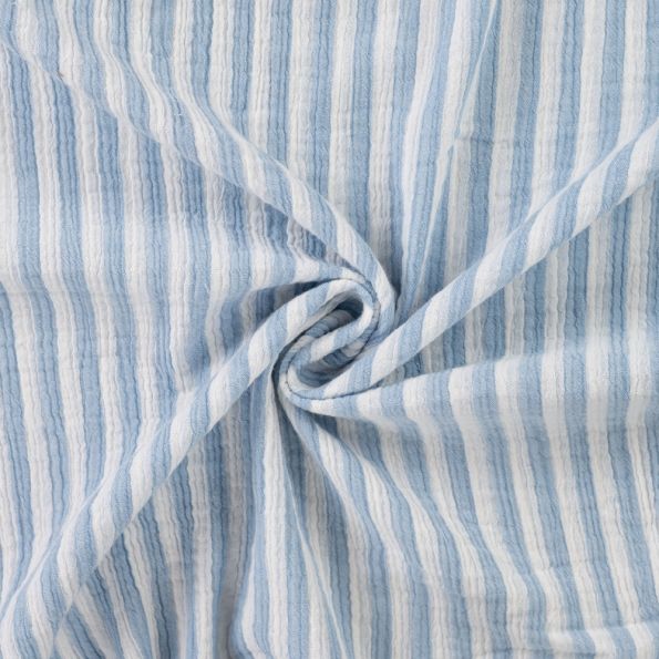 Tissu Double gaze de Coton Double face Rayures Bleues sur fond Blanc - Par 10 cm