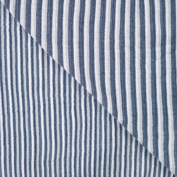 Tissu Double gaze de Coton Double face Rayures Bleu marine sur fond Blanc - Par 10 cm