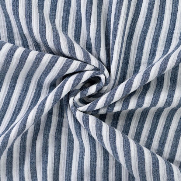Tissu Double gaze de Coton Double face Rayures Bleu marine sur fond Blanc - Par 10 cm