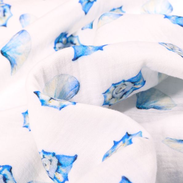 Tissu Double gaze Coquillage bleu sur fond Blanc - Par 10 cm
