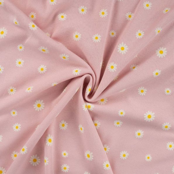 Coupon Tissu Jersey Nid d'abeille imprimé Marguerites sur fond Rose bébé - Coupon de 50 cm