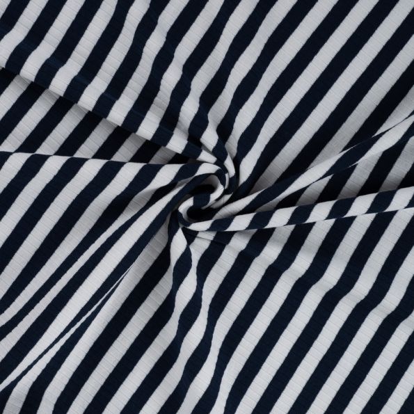 Tissu Jersey Coton Côtelé rayé Bleu marine - Par 10 cm
