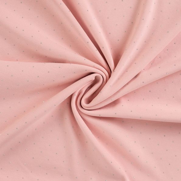 Tissu Jersey Coton Bord côte Strass sur fond Rose clair - Par 10 cm