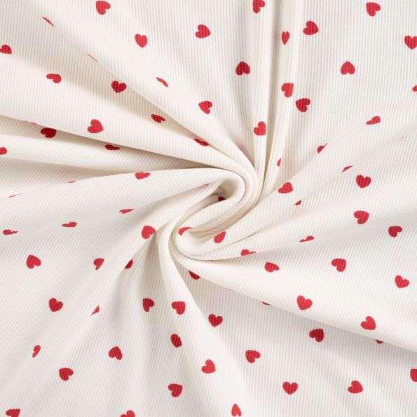 Tissu Jersey Coton Bord côte Coeurs rouges sur fond Ecru - Par 10 cm