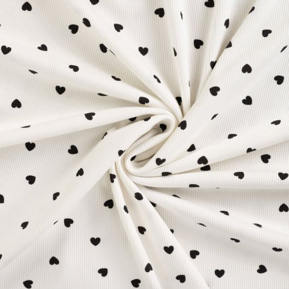 Tissu Jersey Coton Bord côte Coeurs noirs sur fond Ecru - Par 10 cm
