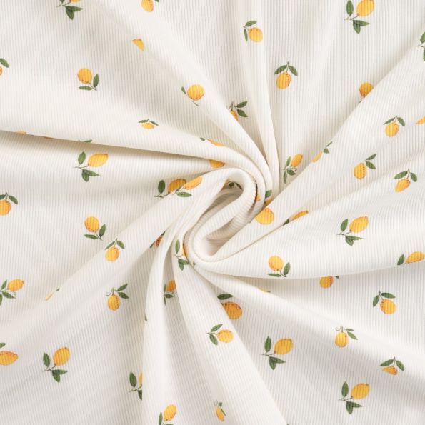 Tissu Jersey Coton Bord côte Citons jaunes sur fond Blanc cassé - Par 10 cm