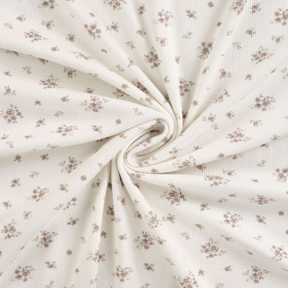 Tissu Jersey Coton Bord côte Fleuris sur fond Blanc cassé - Par 10 cm