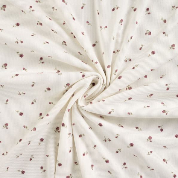 Tissu Jersey Coton Bord côte Petites roses sur fond Blanc cassé - Par 10 cm