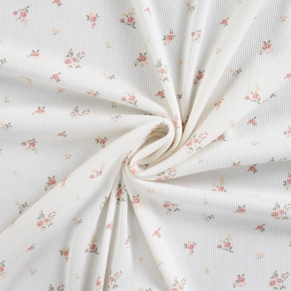 Tissu Jersey Bord côte Elise Bouquets fleuris sur fond Blanc cassé - Par 10 cm