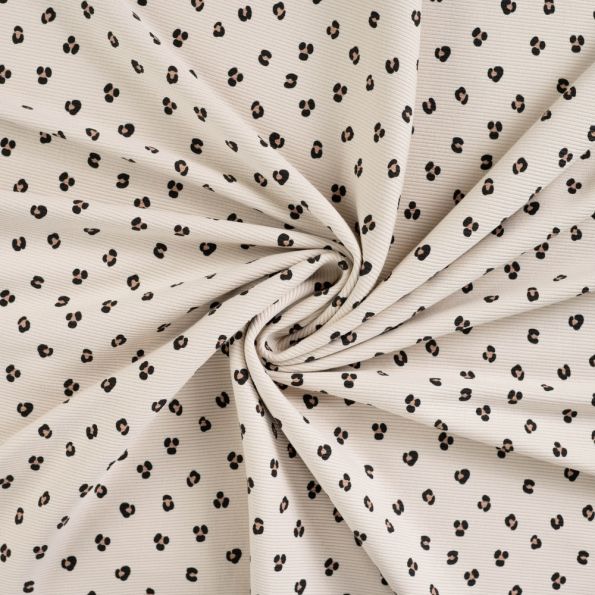 Tissu Jersey Bord côte Léonie mini léopard Noirs et Camel sur fond Ecru - Par 10 cm