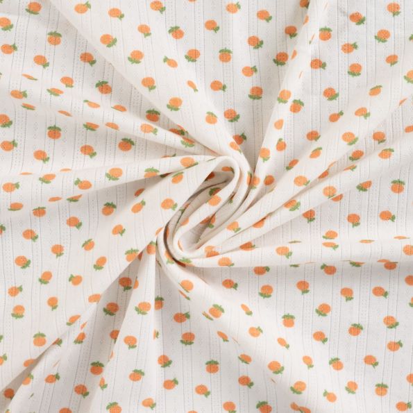 Tissu Jersey Coton ajouré Oranges sur fond Blanc - Par 10 cm