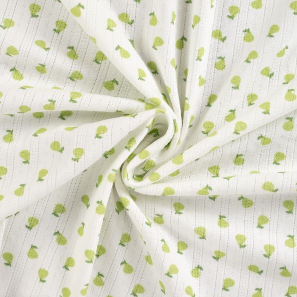 Tissu Jersey Coton ajouré Poires sur fond Blanc - Par 10 cm
