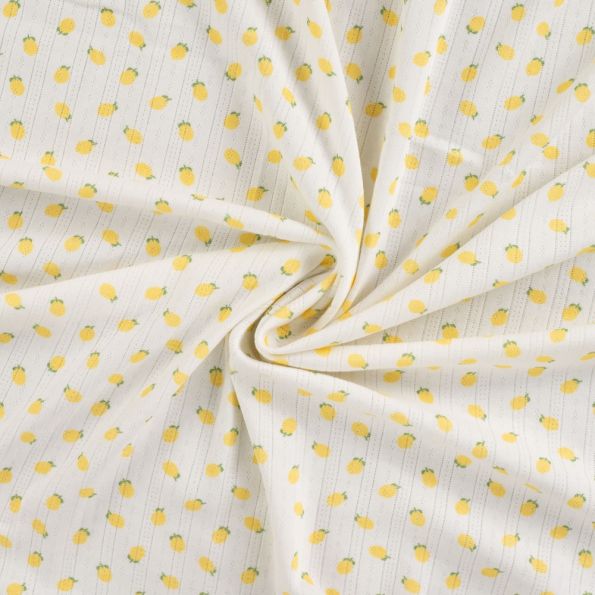 Tissu Jersey Coton ajouré Citrons sur fond Blanc - Par 10 cm