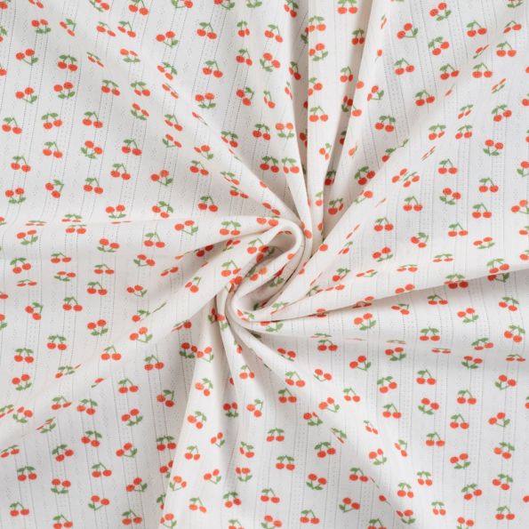 Tissu Jersey Coton ajouré Cerises sur fond Blanc - Par 10 cm