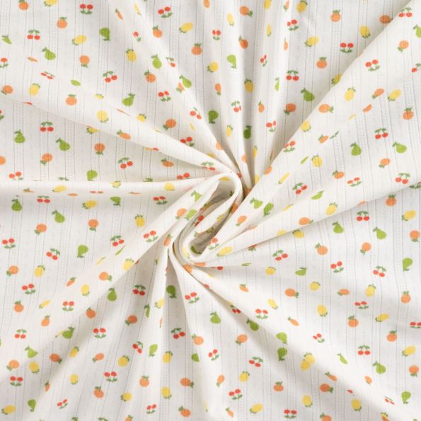 Tissu Jersey Coton ajouré Fruits sur fond Blanc - Par 10 cm