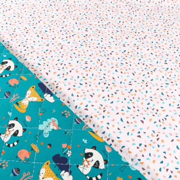 Tissu Matelassé Chally Animaux de la Fôret et Confettis colorés sur fond Blanc - Par 10 cm