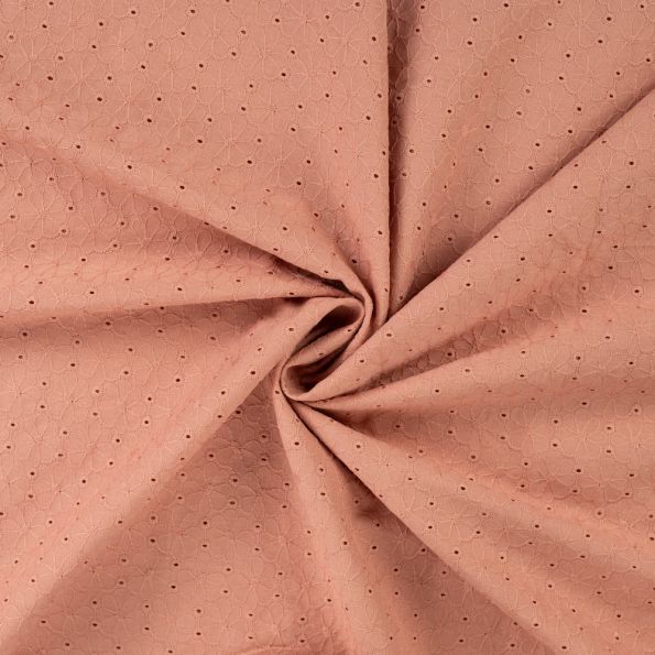 Tissu Coton brodé ajouré Fleuris sur fond Rose nude - Par 10 cm