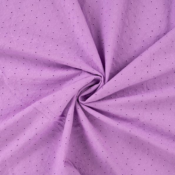 Tissu Coton brodé ajouré Fleuris sur fond Violet - Par 10 cm