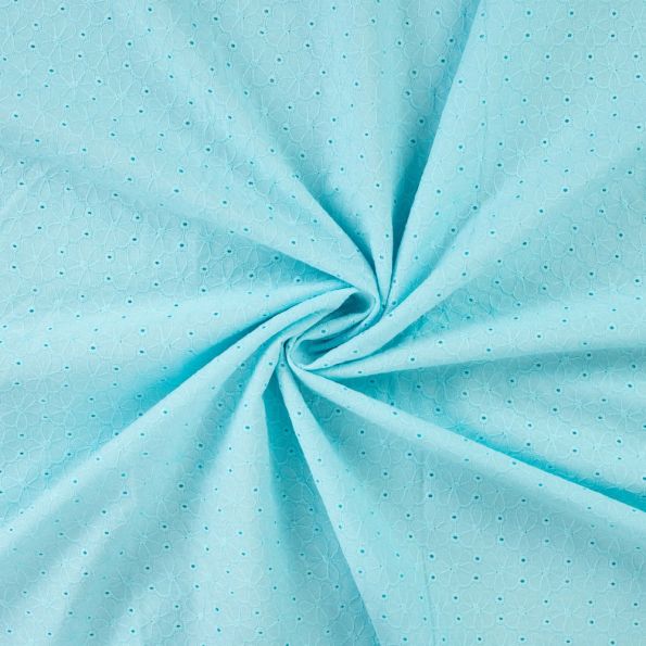 Tissu Coton brodé ajouré Fleuris sur fond Bleu turquoise - Par 10 cm