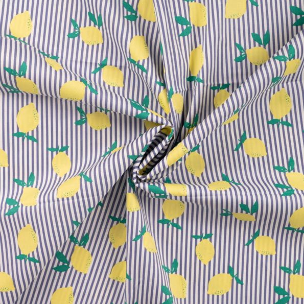 Tissu Coton extensible rayé bleu et Citrons sur fond Blanc - Par 10 cm