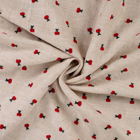 Tissu Lin Viscose Cerises brodées sur fond Beige chiné - Par 10 cm