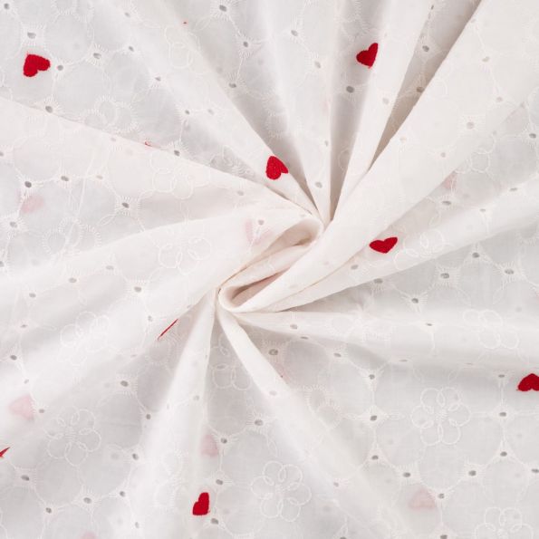 Tissu Voile de Coton brodé ajouré Coeurs rouges sur fond Blanc - Par 10 cm