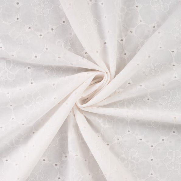 Tissu Voile de coton brodé Bianca Fleurs ajourées sur fond Blanc - Par 10 cm