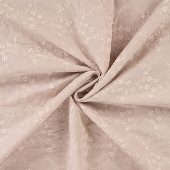 Tissu Voile de coton brodé Fleurs délicates sur fond Beige sable - Par 10 cm