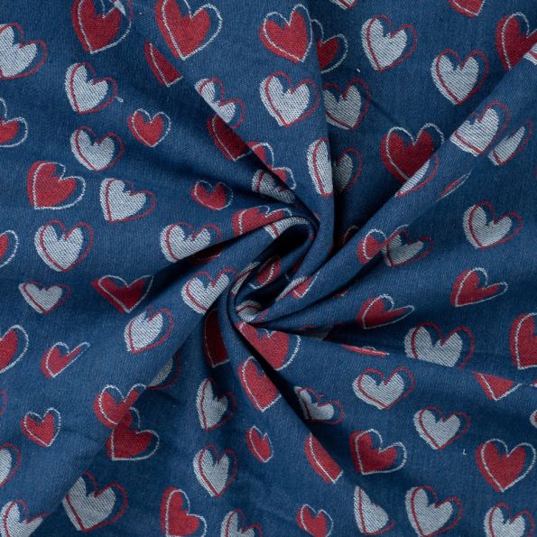 Tissu Jean Denim Coeurs Rouges et Blancs sur fond Bleu jean - Par 10 cm