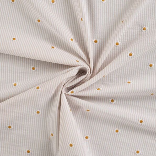 Tissu Coton Seersucker Lola rayures Blanc et fleurs brodées sur fond Beige sable - Par 10 cm