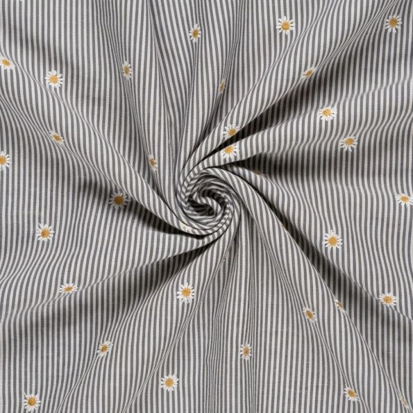 Tissu Coton Seersucker Lola rayures Blanc et fleurs brodées sur fond Bleu marine - Par 10 cm