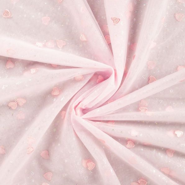 Tissu Tulle souple Célestine cœur Rose brodés sur fond Rose bébé - Par 10 cm