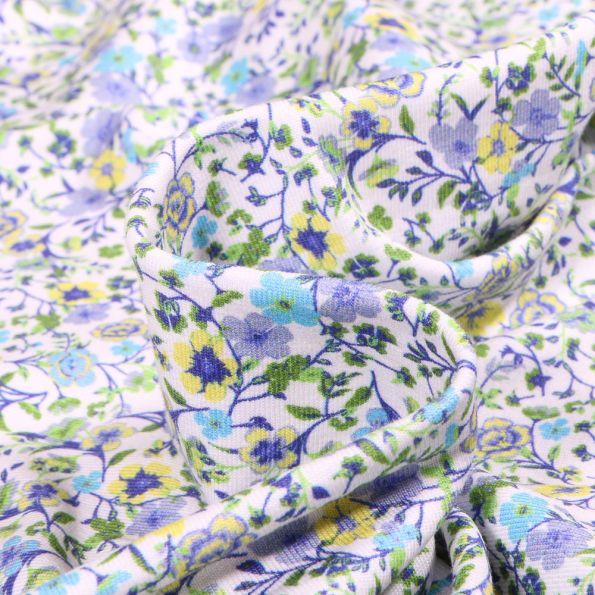Tissu Jersey Coton Sweet Flower Lillie violet sur fond Blanc - Par 10 cm
