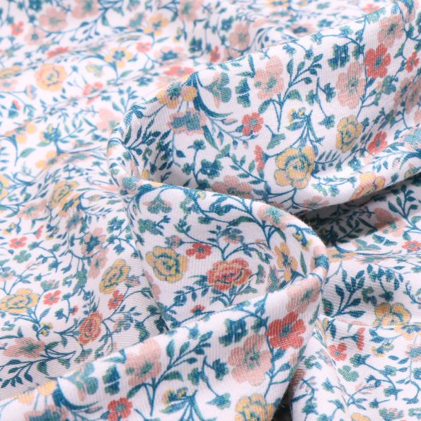 Tissu Jersey Coton Sweet Flower Lillie bleu sur fond Blanc - Par 10 cm