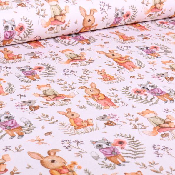 Tissu Jersey Coton digital Cute animals sur fond Blanc - Par 10 cm