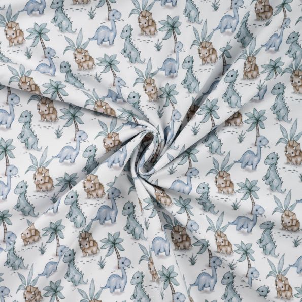Tissu Jersey Coton imprimé Dino et rino sur fond Blanc - Par 10 cm