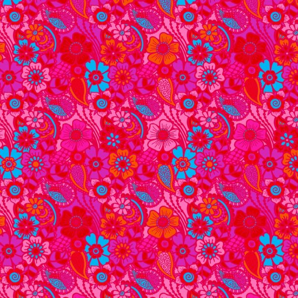 Tissu Sweat léger envers gratté Floral Fuchsia & Turquoise sur fond Rose - Par 10 cm